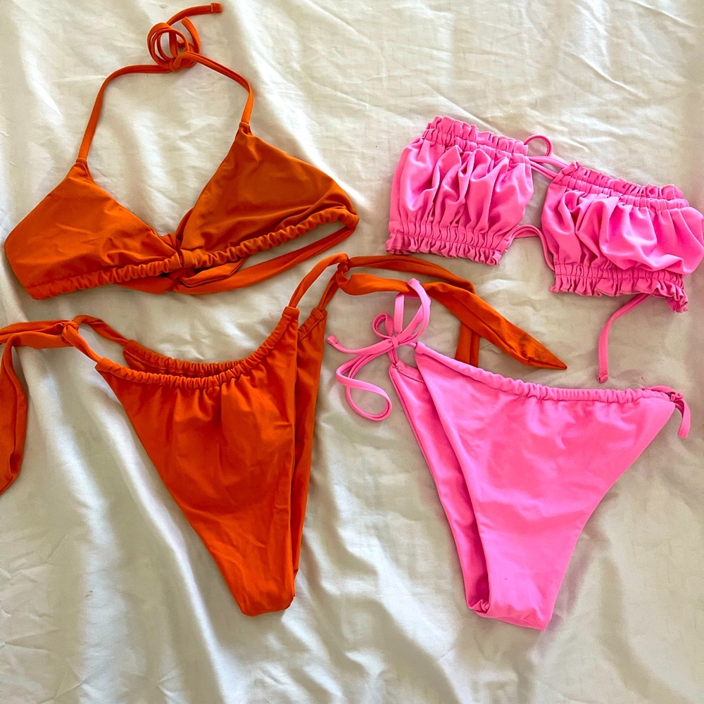 Two piece swim suits pink and orange